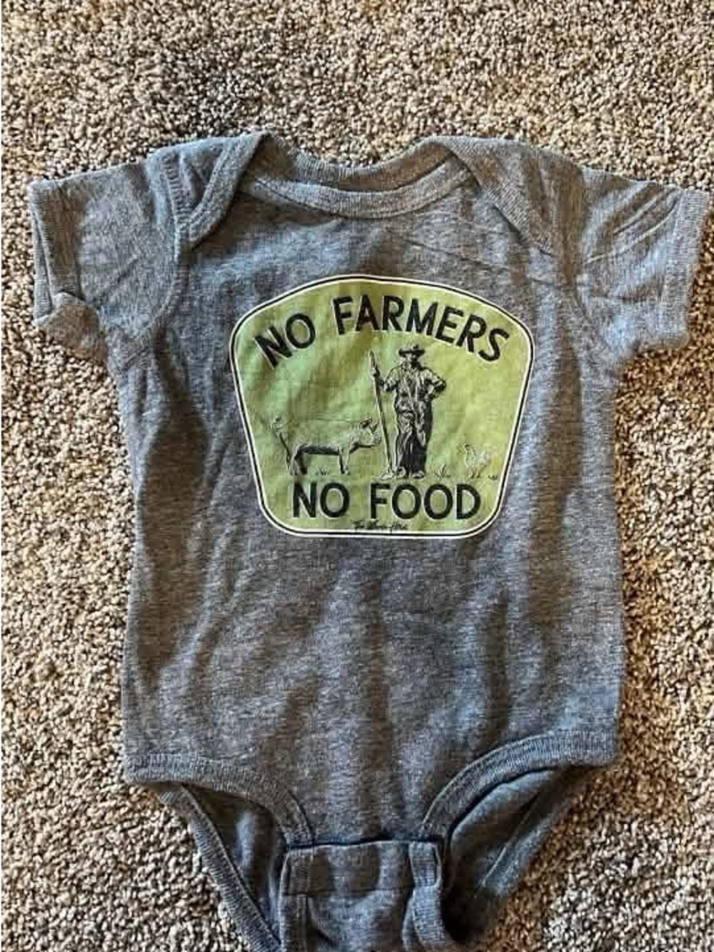 Gray Kids Bodysuit with Green 'No Farmers No Food' Graphic